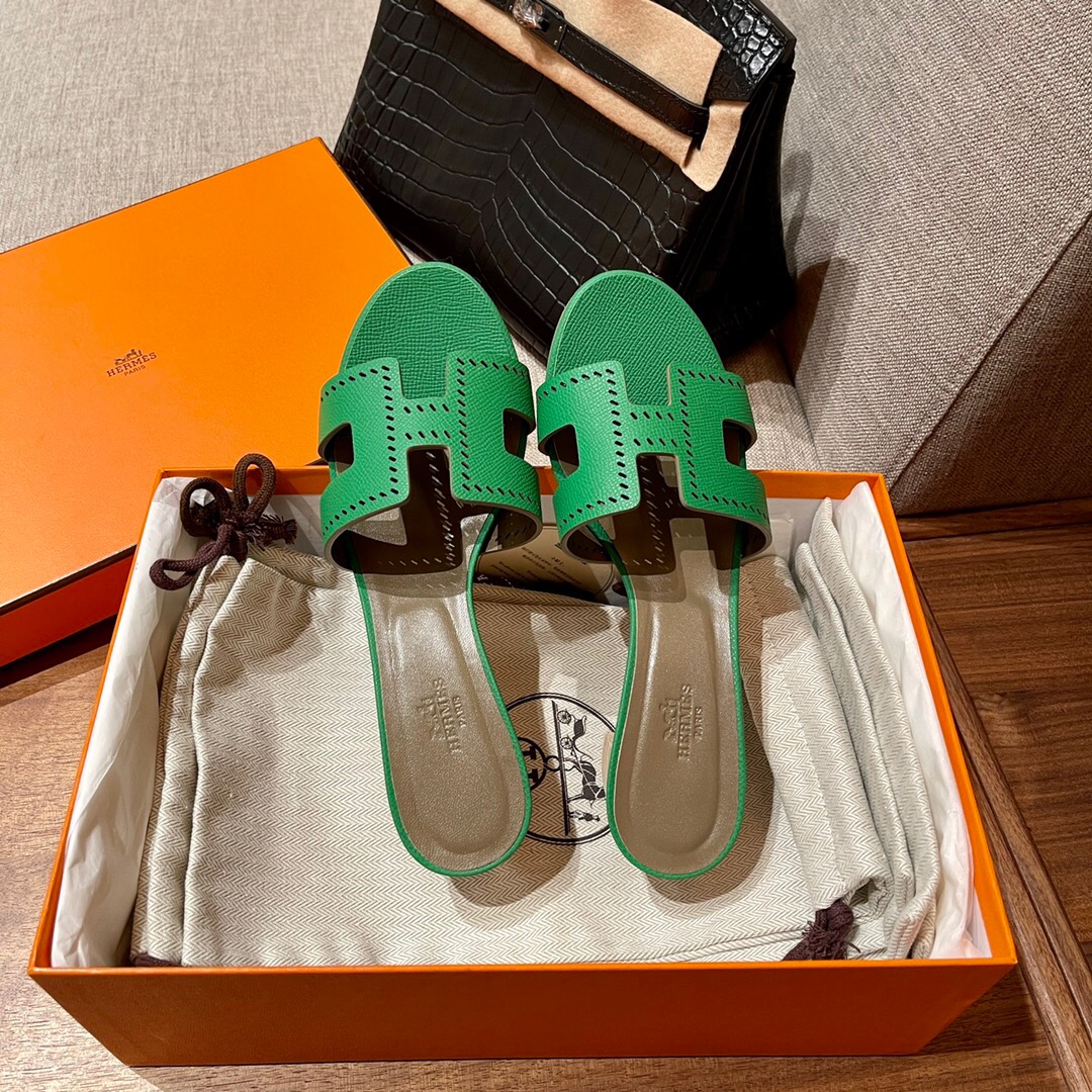 Hermès Oran sandal U4 Vert Verigo 絲絨綠 Epsom 鏤空高跟涼鞋