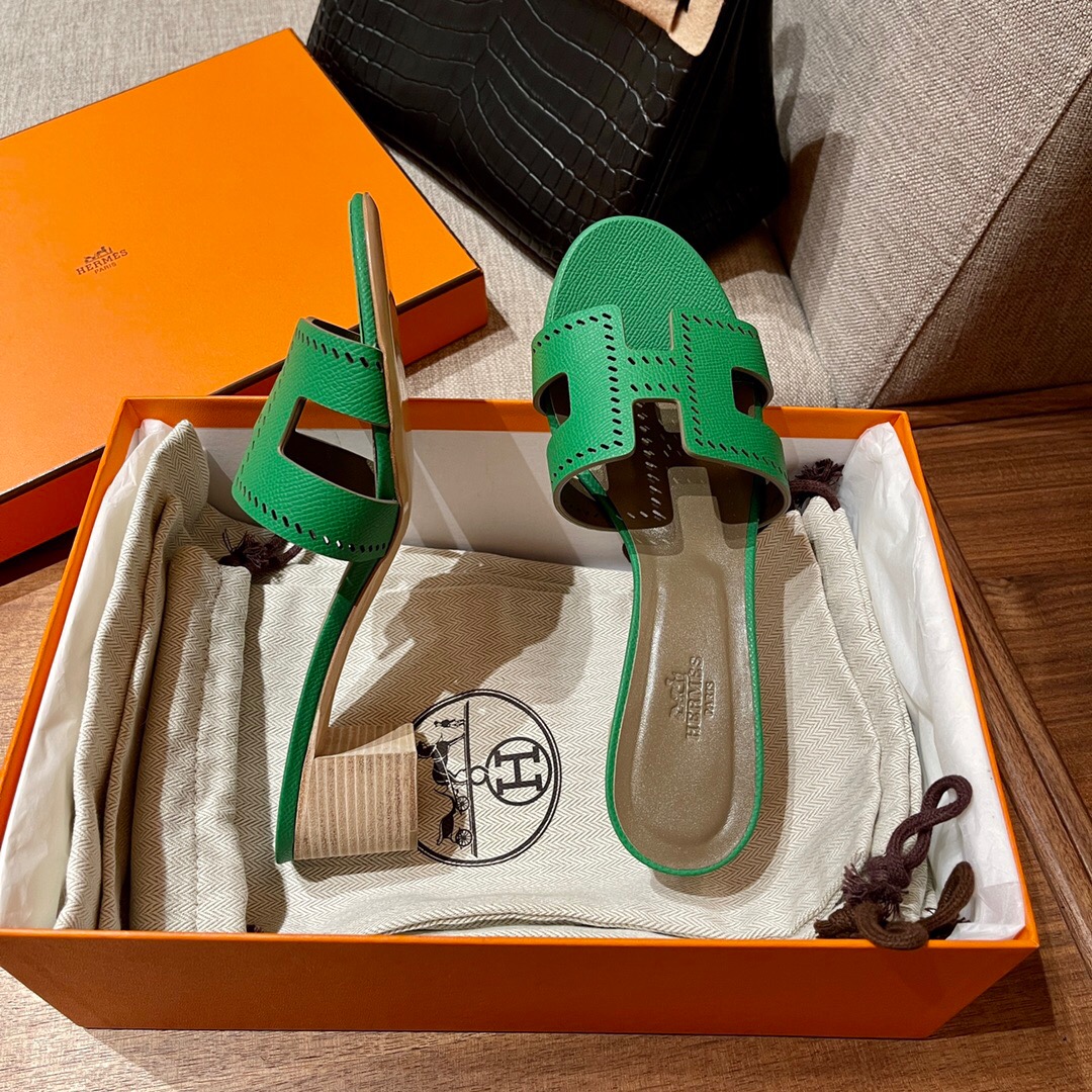 Hermès Oran sandal U4 Vert Verigo 絲絨綠 Epsom 鏤空高跟涼鞋