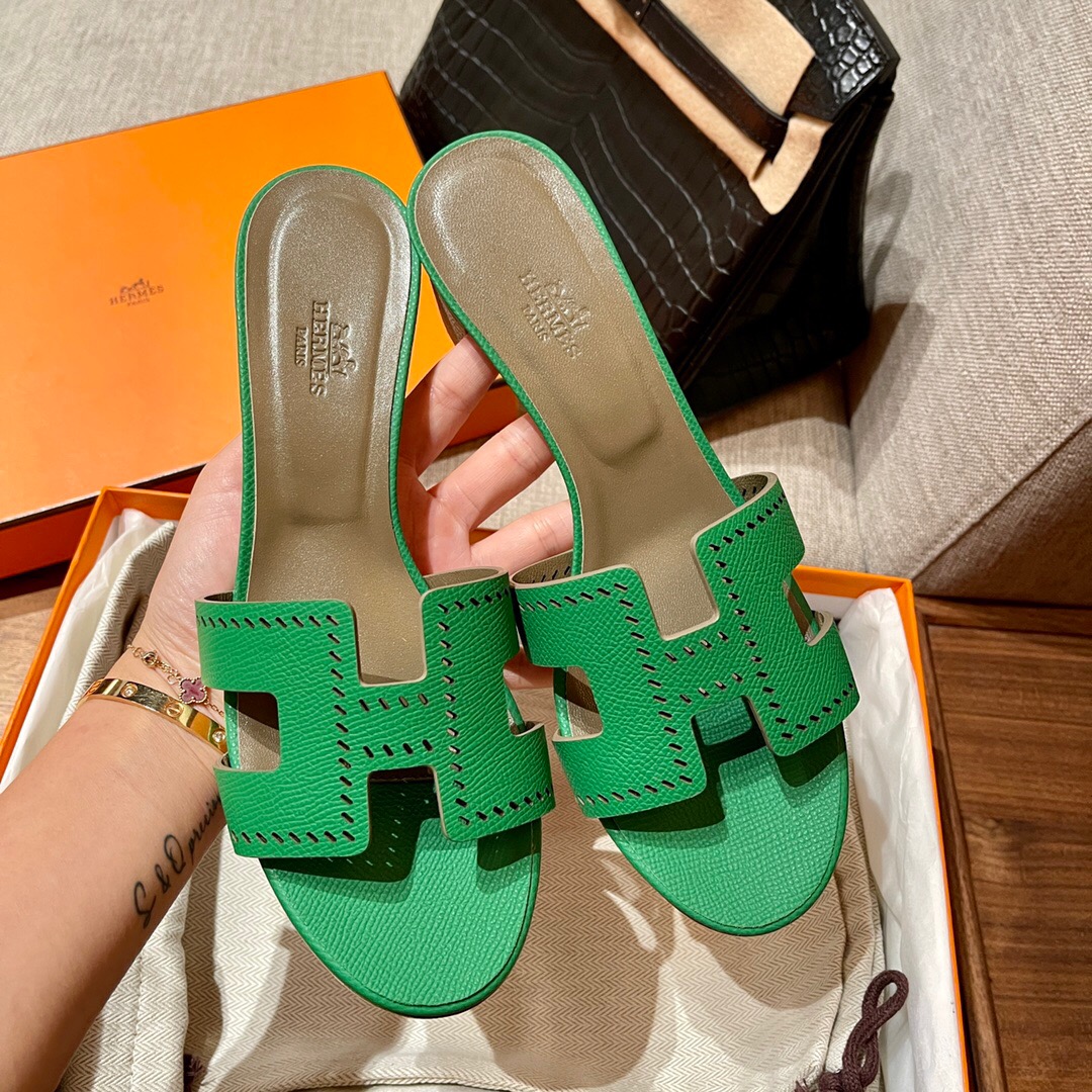 Hermès Oran sandal U4 Vert Verigo 絲絨綠 Epsom 鏤空高跟涼鞋