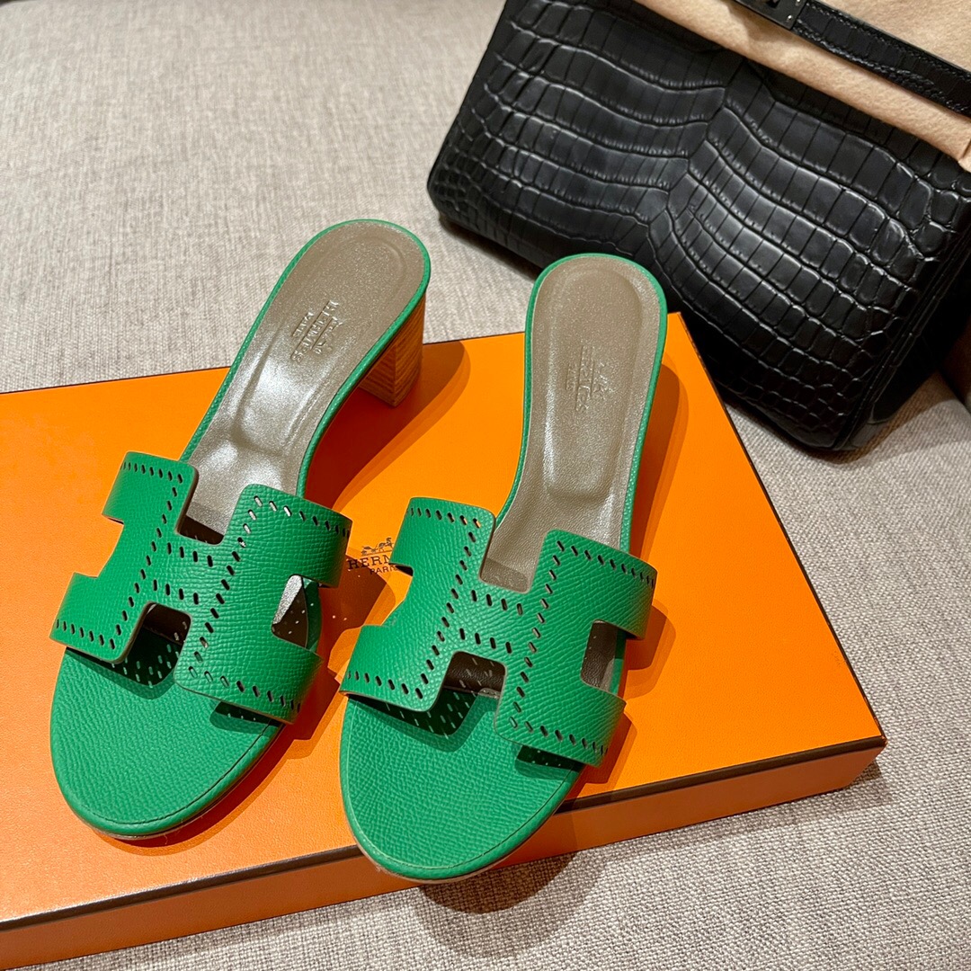 Hermès Oran sandal U4 Vert Verigo 絲絨綠 Epsom 鏤空高跟涼鞋