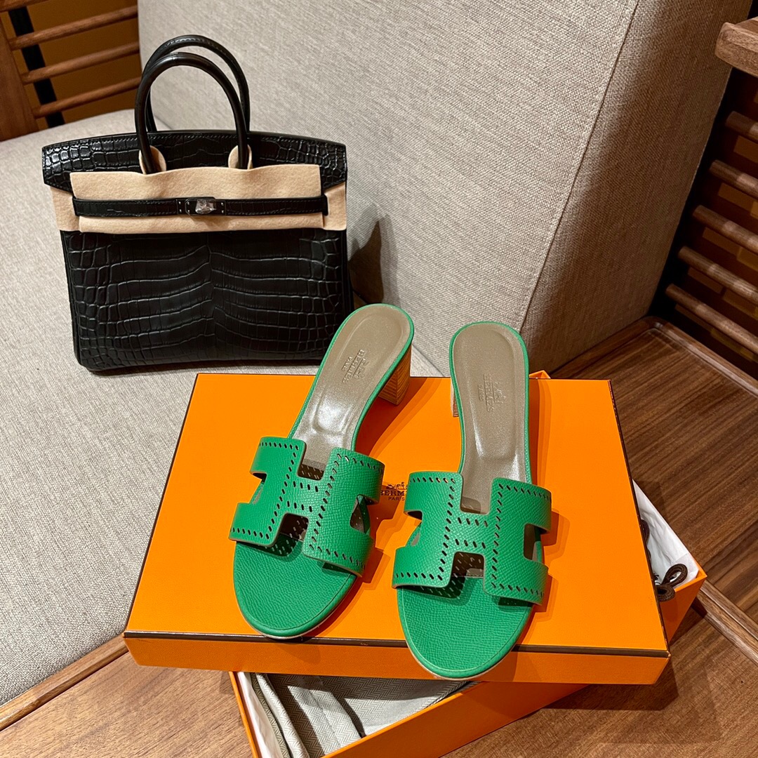 Hermès Oran sandal U4 Vert Verigo 絲絨綠 Epsom 鏤空高跟涼鞋