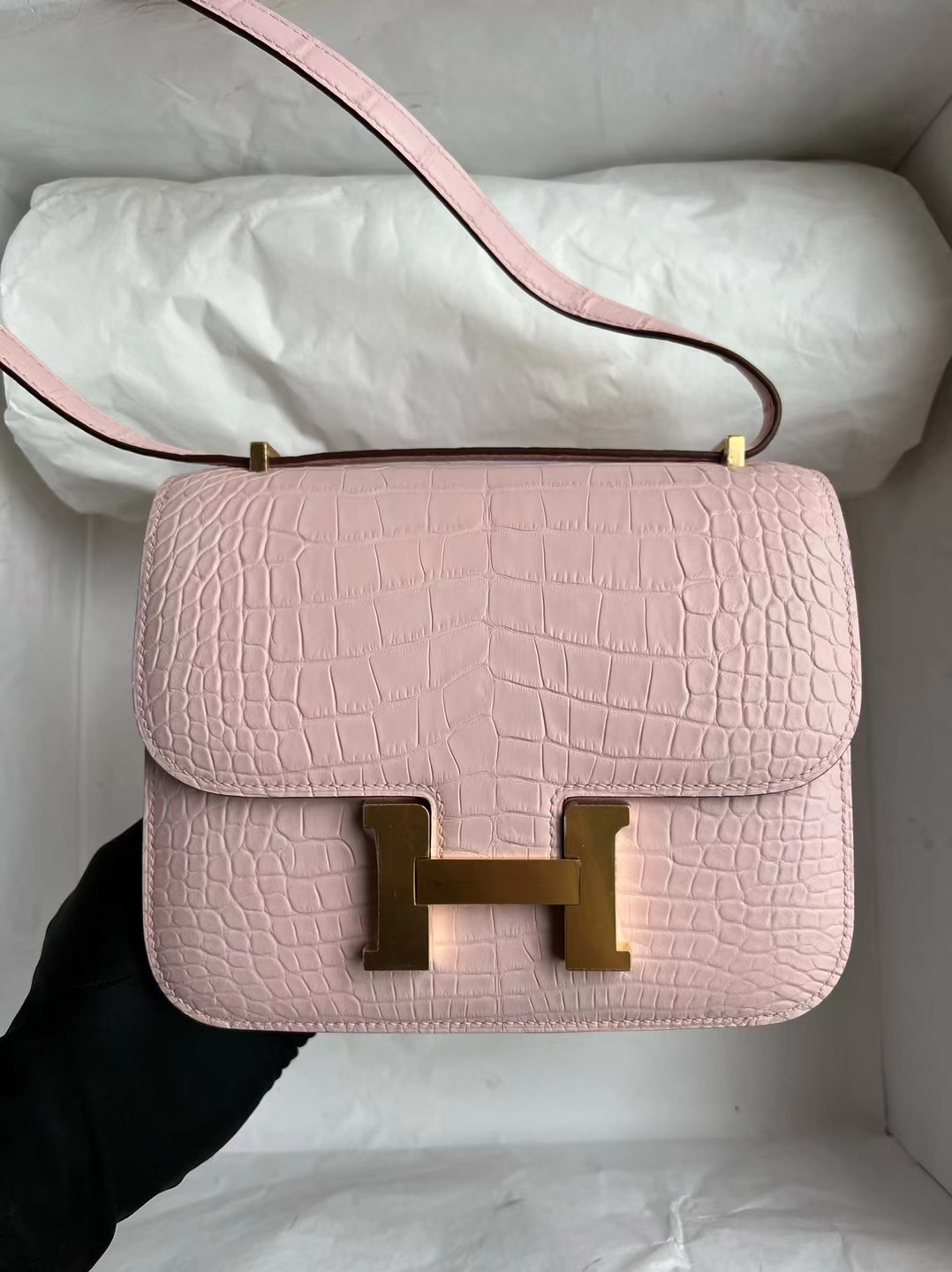 愛馬仕官網中國官方網站 Hermès Constance 18cm 09 Mauve pale 夢幻粉美洲鱷魚