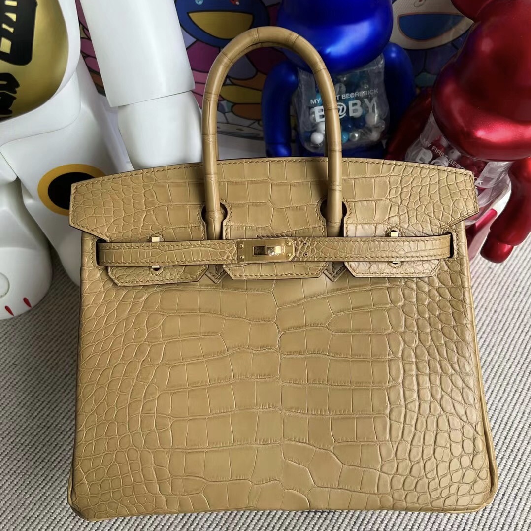 愛馬仕女包官方網站 Hermès Birkin 25 霧面美洲鱷魚 2H Kraft 內拼 9R Lime