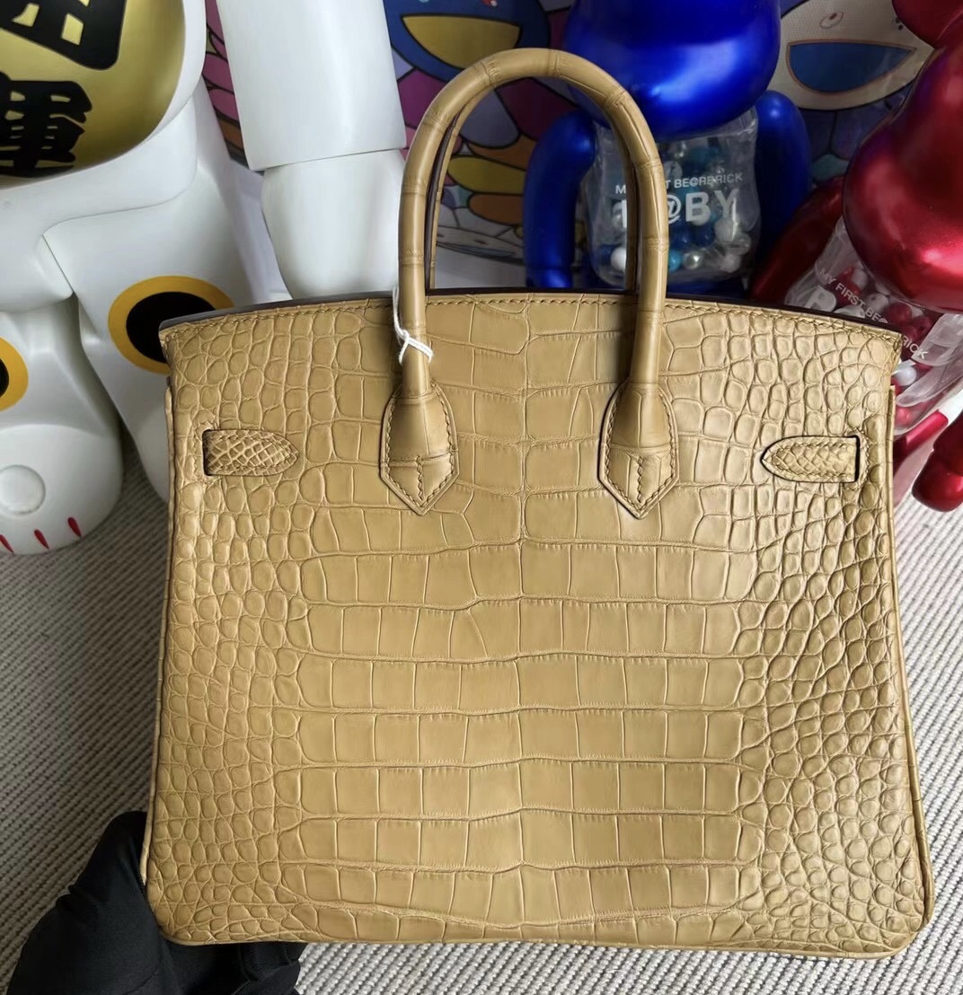 愛馬仕女包官方網站 Hermès Birkin 25 霧面美洲鱷魚 2H Kraft 內拼 9R Lime