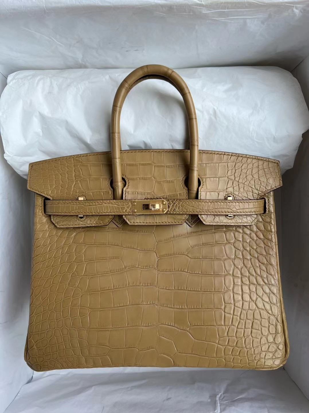 愛馬仕女包官方網站 Hermès Birkin 25 霧面美洲鱷魚 2H Kraft 內拼 9R Lime