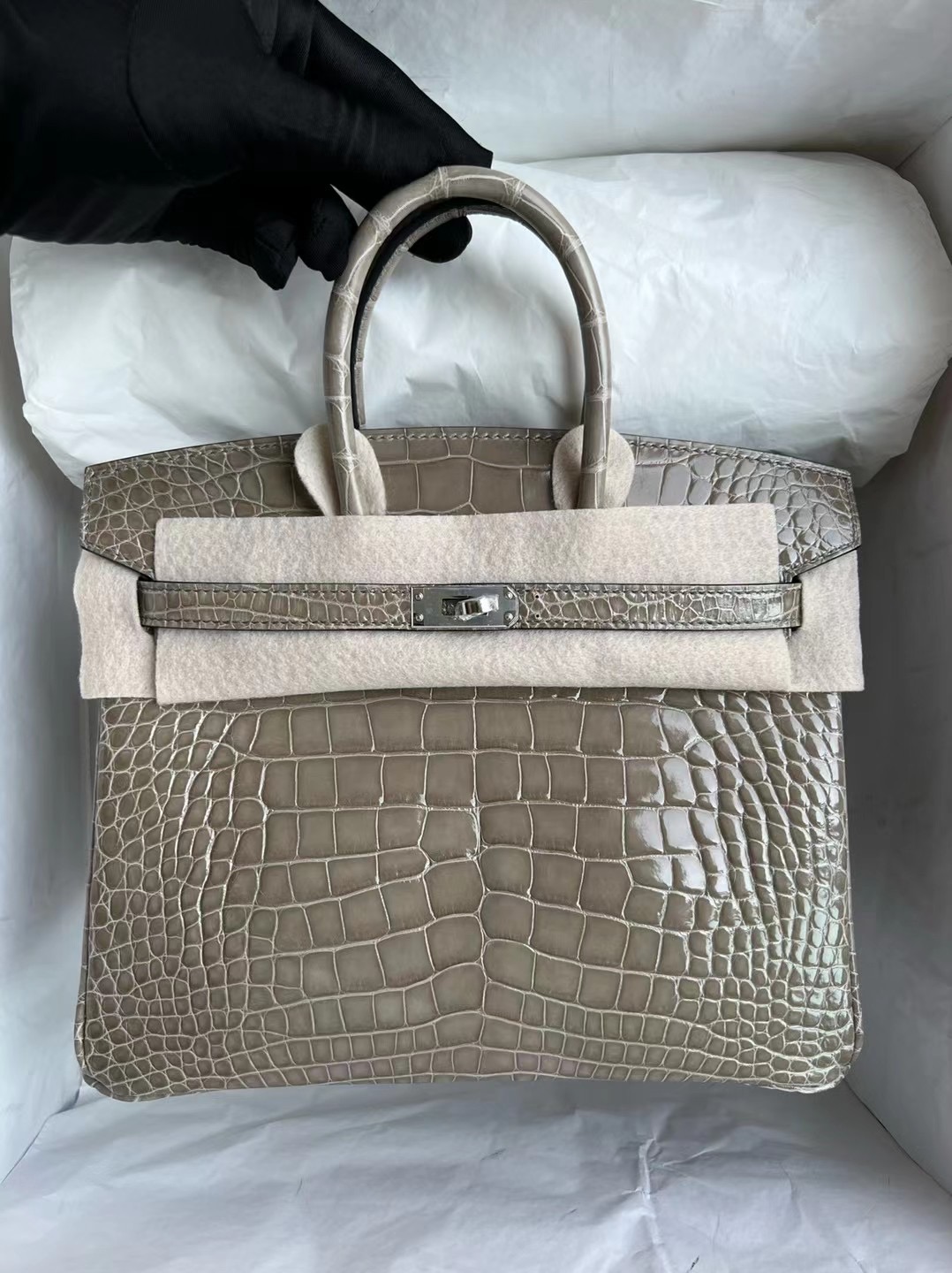 Hermès Birkin 25cm 亮面美洲鱷魚 81 Gris Tourterelle 斑鳩灰