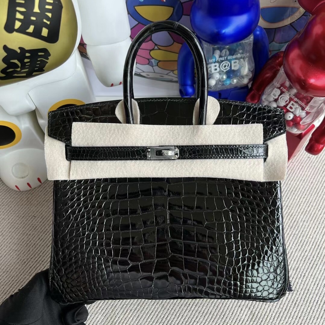 愛馬仕官方網女包 Hermès Birkin 25cm 亮面美洲鱷魚 89 黑色 Noir 銀扣