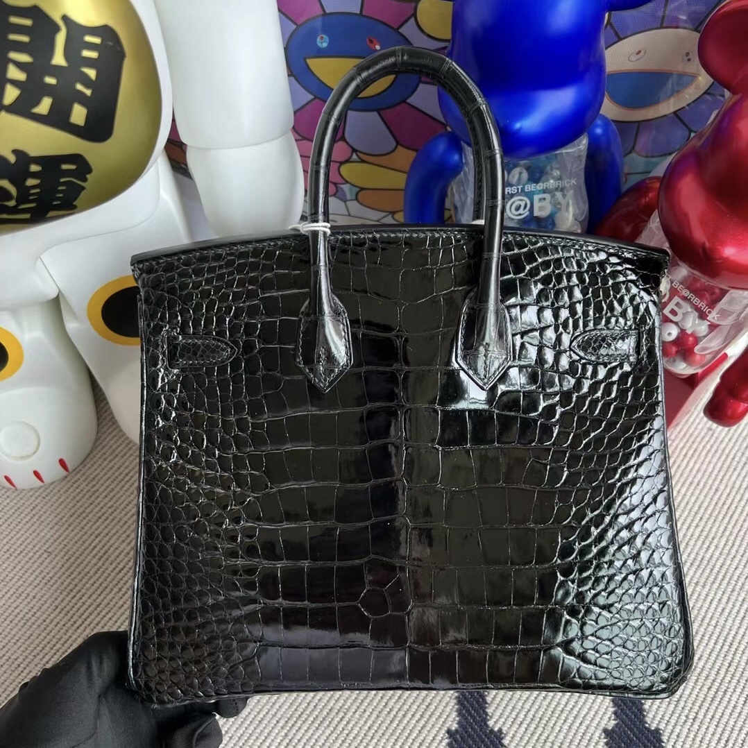 愛馬仕官方網女包 Hermès Birkin 25cm 亮面美洲鱷魚 89 黑色 Noir 銀扣