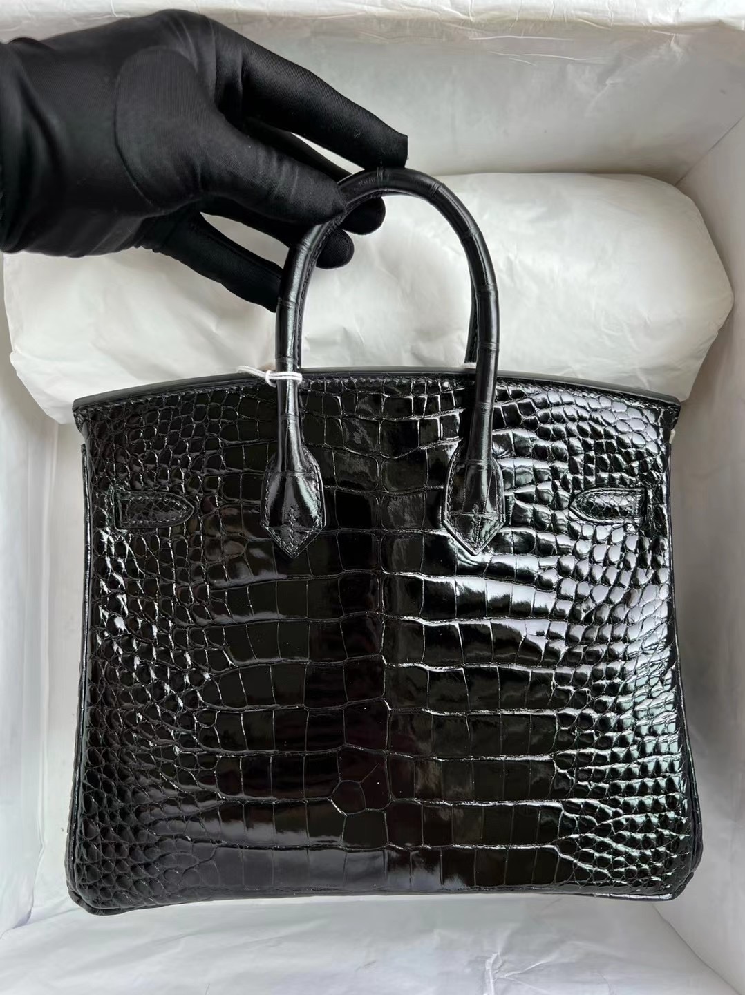 愛馬仕官方網女包 Hermès Birkin 25cm 亮面美洲鱷魚 89 黑色 Noir 銀扣