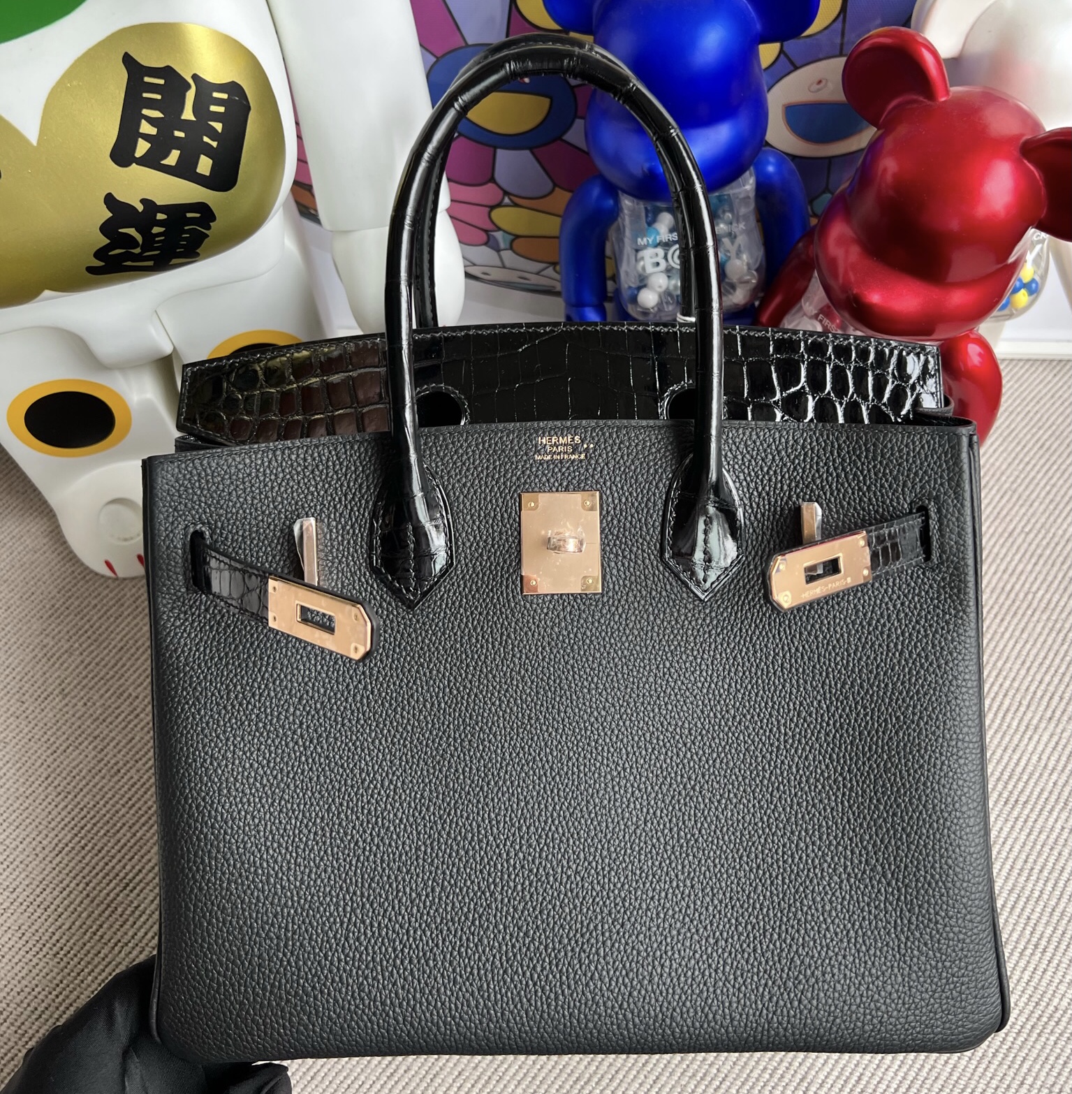 愛馬仕一個包包大概多少錢 Hermès Birkin 30 Touch Togo拼尼羅鱷魚 黑色玫瑰金扣