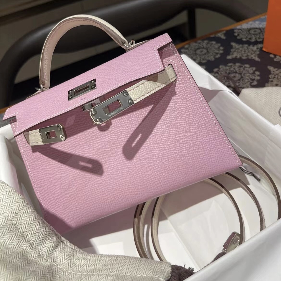 Hermès Kelly Mini Ⅱ 2代 HSS Epsom X9 mauve sylvestre/10 Craie 銀扣