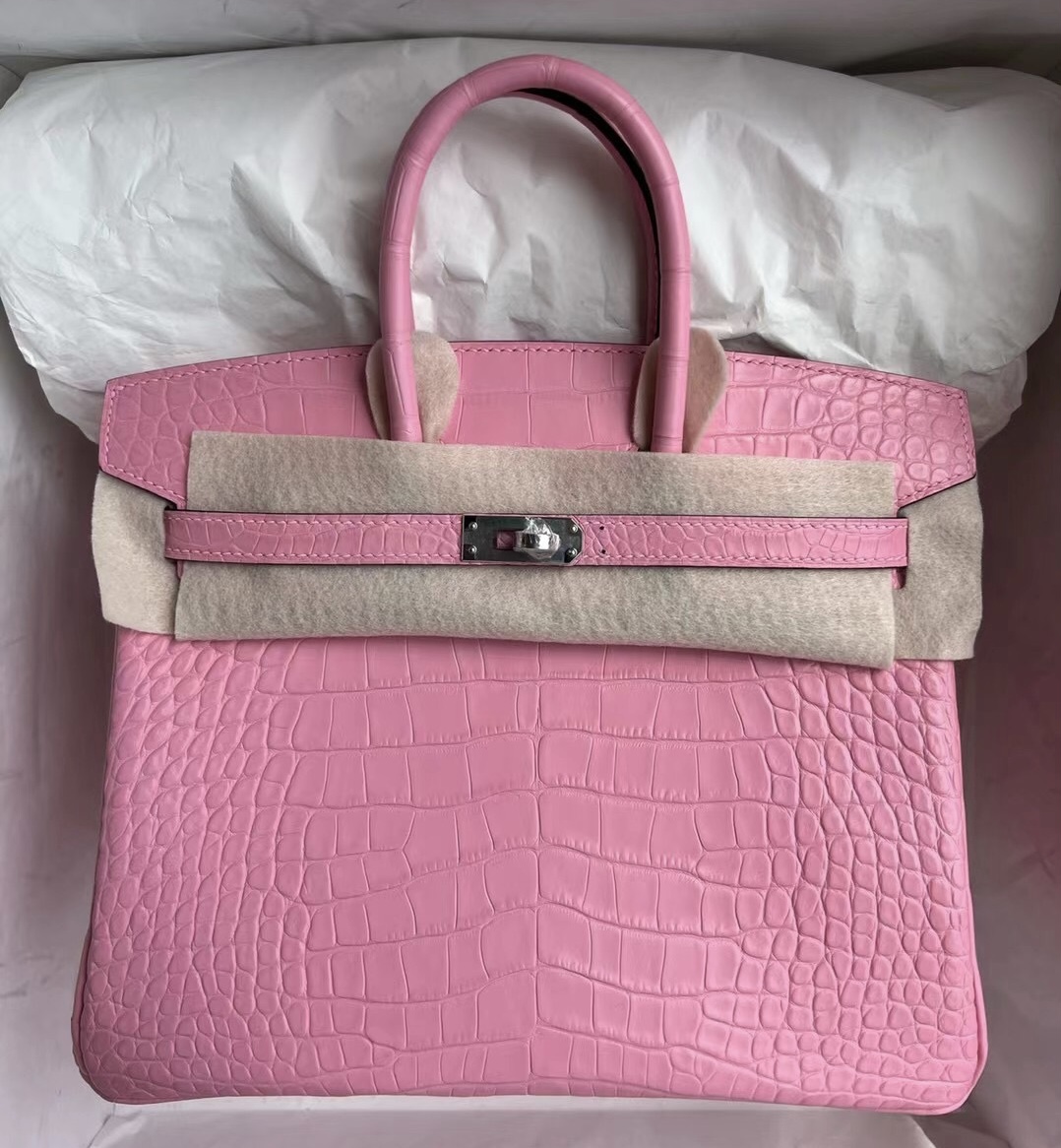 Hermès Birkin 25 霧面美洲鱷魚 Matte Alligator Crocodile 5P pink 櫻花粉 銀扣