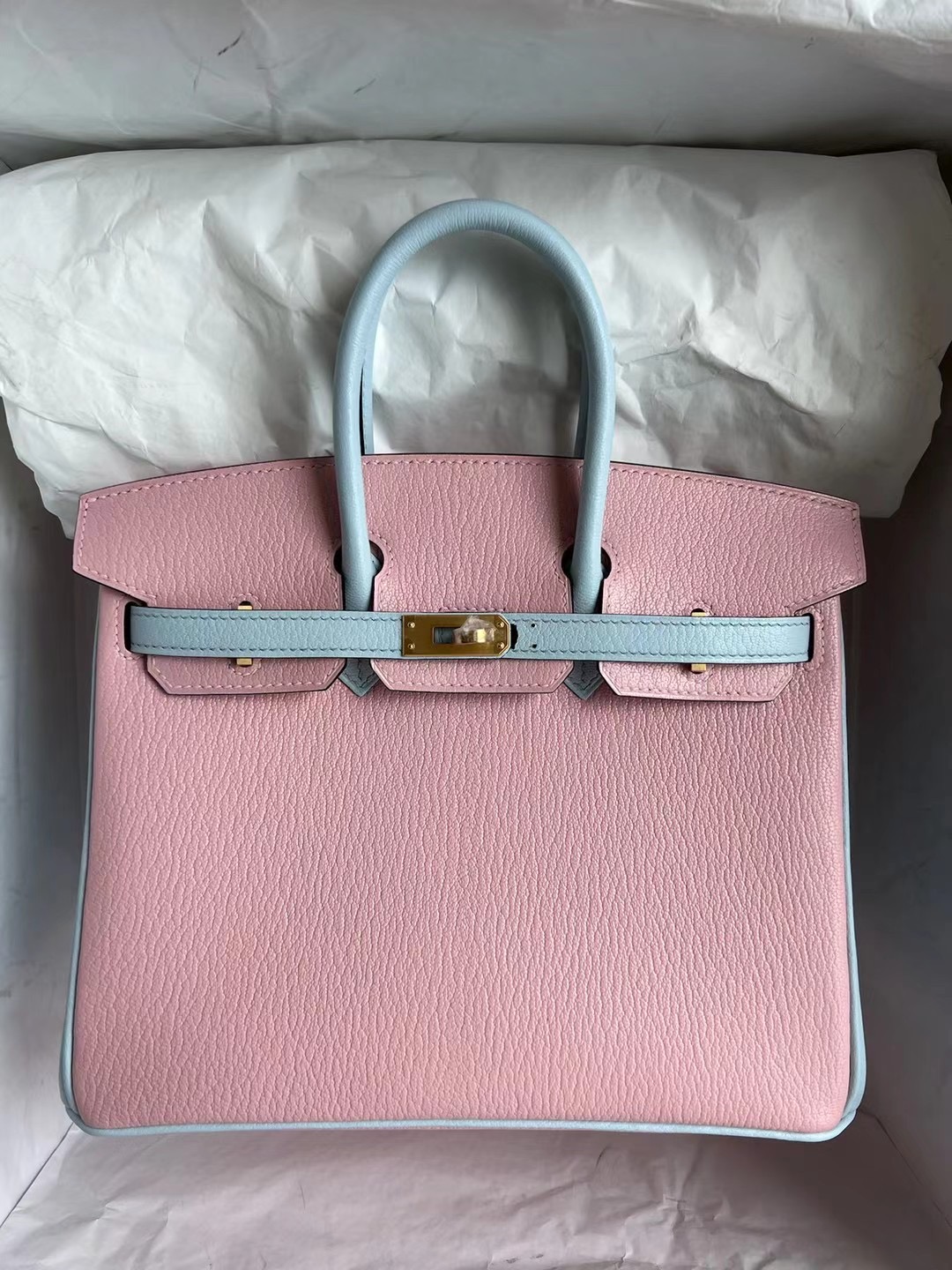 Hermès Birkin 25 Chevre 山羊皮 3Q Rose Sakura /T0 Blue Brume 霧藍色 磨砂金扣