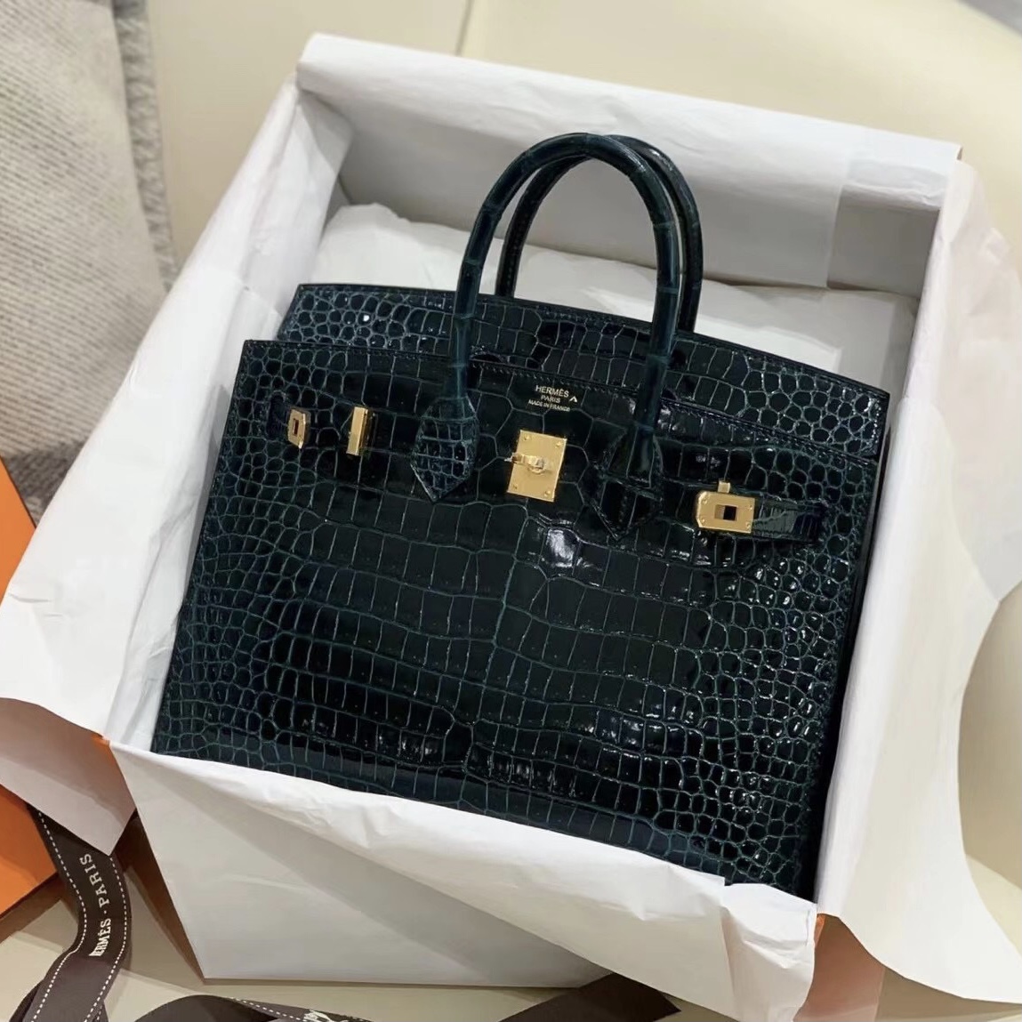 Hermès Birkin 25cm Sellier 外縫 亮面灣鱷 1P Blue Colvert 鴨子藍 金扣