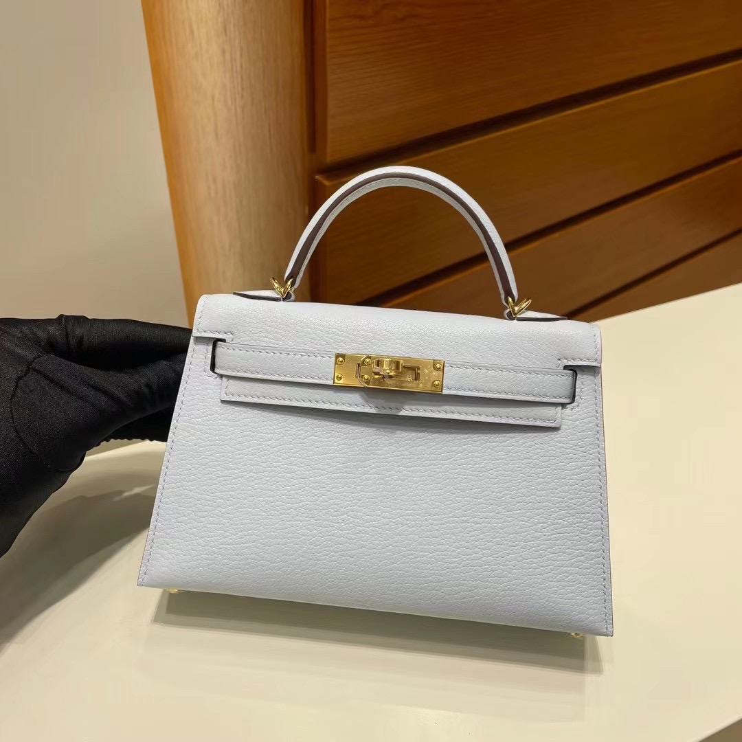 愛馬仕二代凱莉包尺寸 Hermès Kelly Mini II 2代 Chevre T0 Blue Brume 金扣