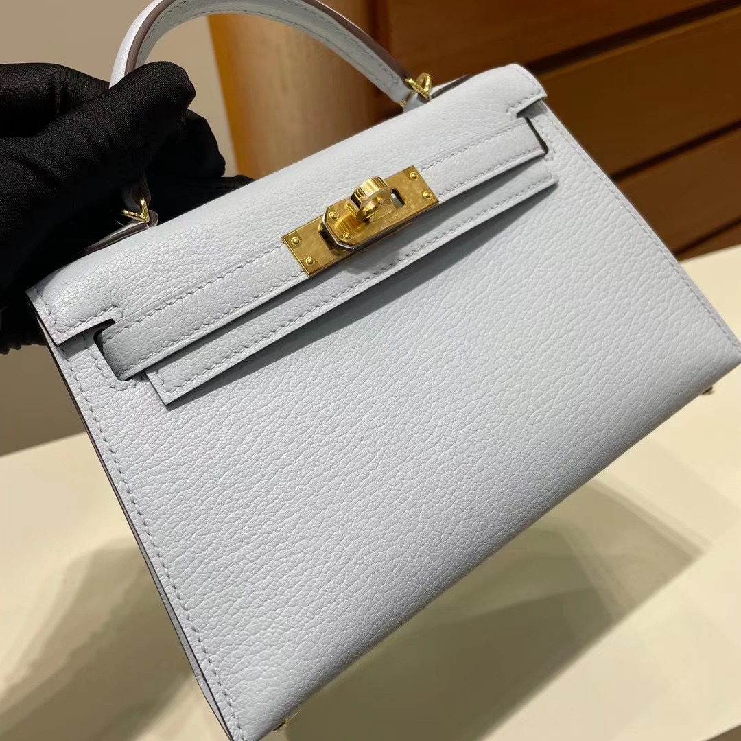 愛馬仕二代凱莉包尺寸 Hermès Kelly Mini II 2代 Chevre T0 Blue Brume 金扣