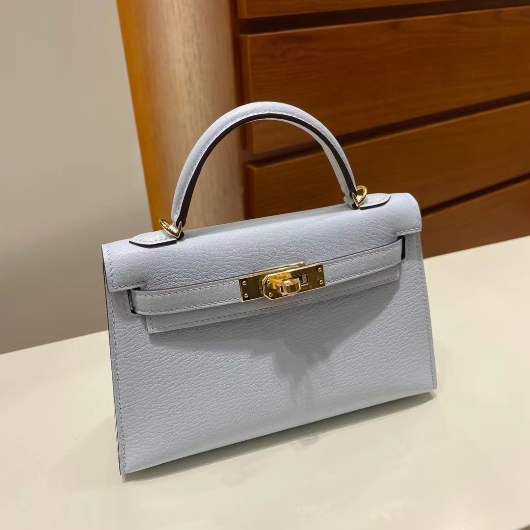 愛馬仕二代凱莉包尺寸 Hermès Kelly Mini II 2代 Chevre T0 Blue Brume 金扣