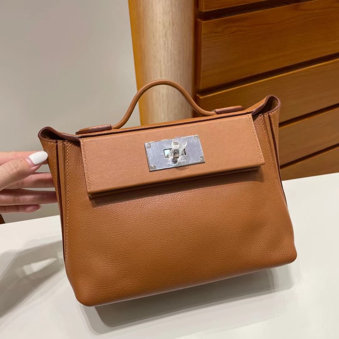 愛馬仕2424 凱莉包官網香港 Hermès Kelly Mini 24/24 Evercolor/Swift 37 Gold 本色線