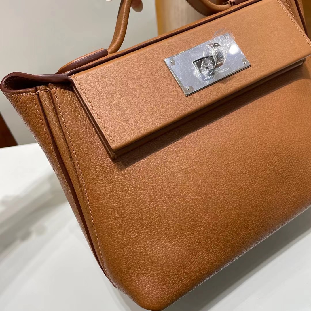 愛馬仕2424 凱莉包官網香港 Hermès Kelly Mini 24/24 Evercolor/Swift 37 Gold 本色線