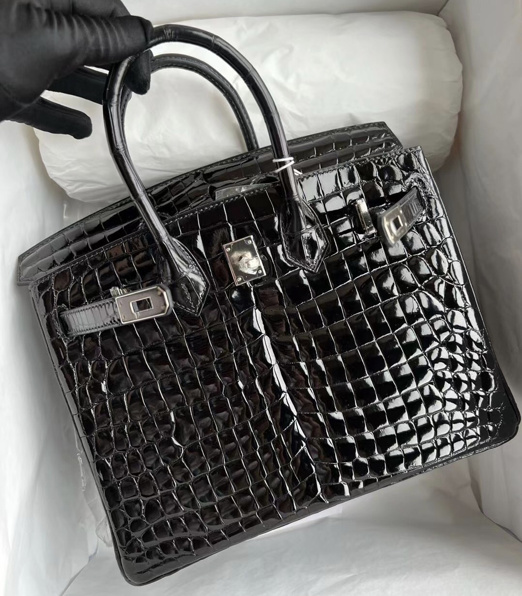 愛馬仕鉑金包香港官網 Hermès Birkin 25 黑色 亮面尼羅鱷魚 供珠鱷魚