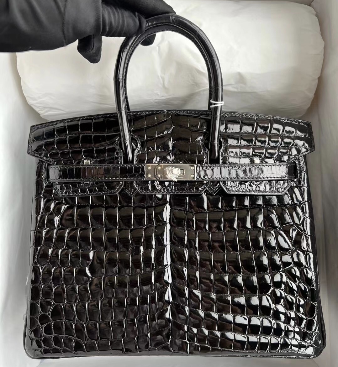 愛馬仕鉑金包香港官網 Hermès Birkin 25 黑色 亮面尼羅鱷魚 供珠鱷魚