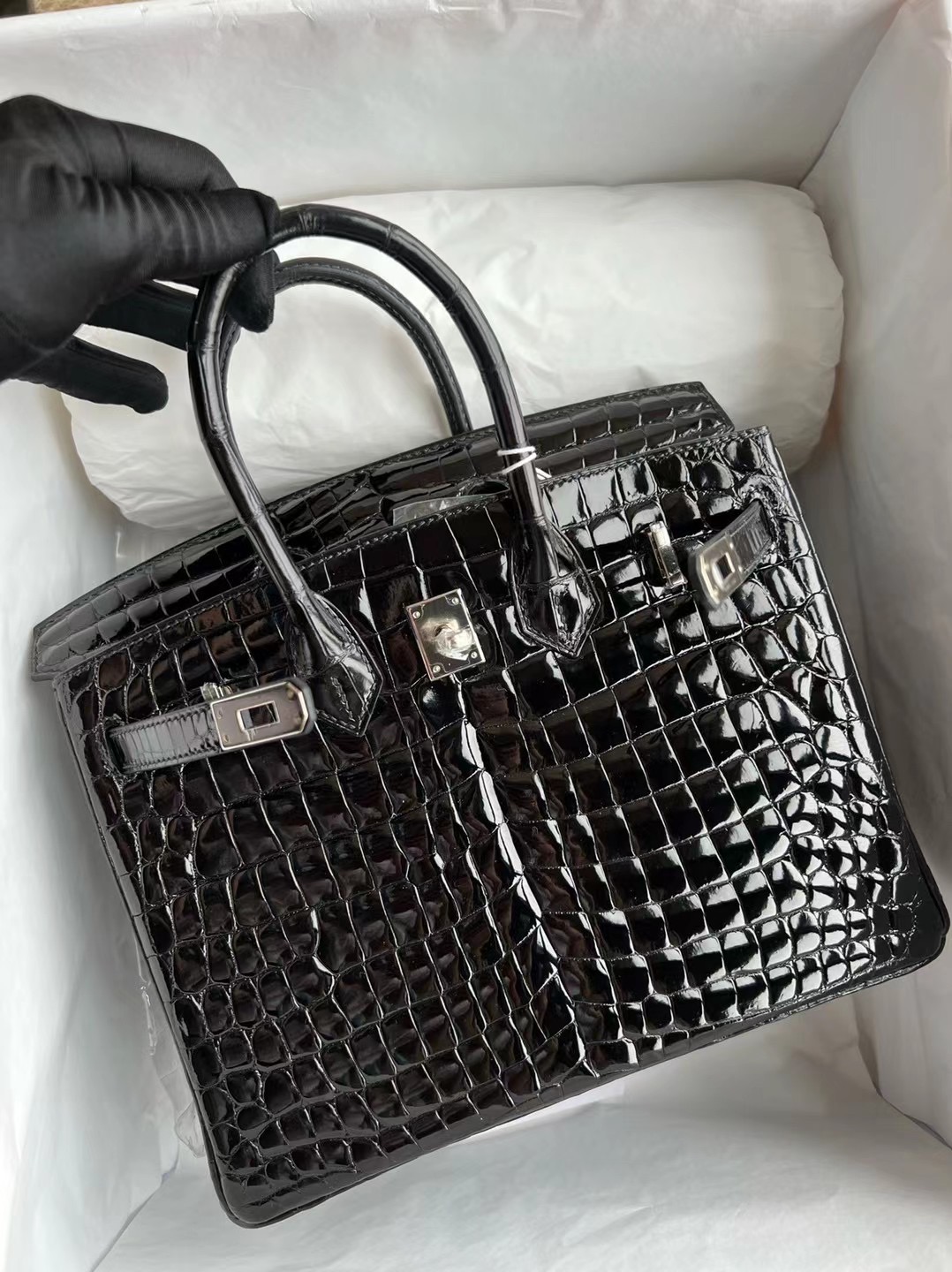 愛馬仕鉑金包香港官網 Hermès Birkin 25 黑色 亮面尼羅鱷魚 供珠鱷魚