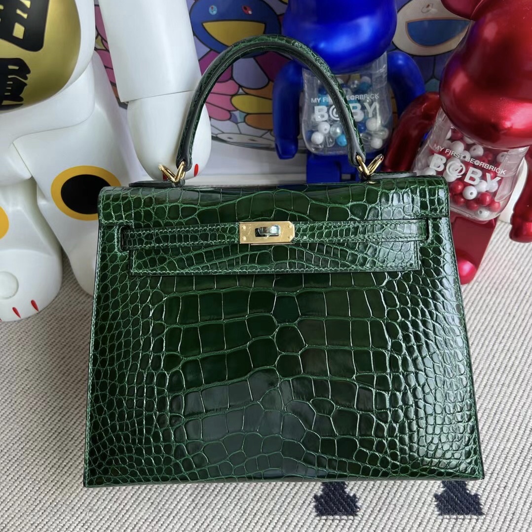 愛馬仕凱莉包臺灣官網 Hermès Kelly 25 祖母綠 67 Vert Fonce 亮面美洲鱷魚