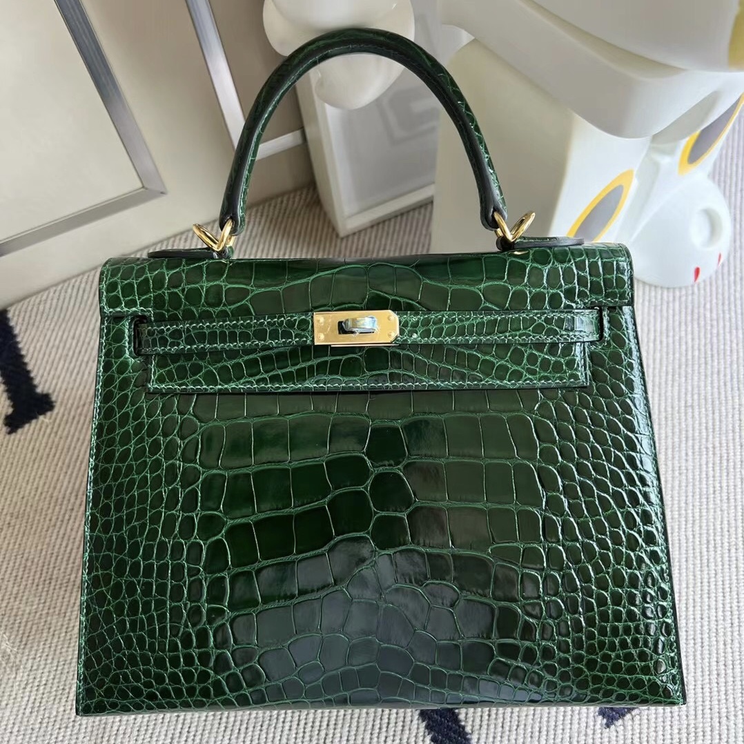 愛馬仕凱莉包臺灣官網 Hermès Kelly 25 祖母綠 67 Vert Fonce 亮面美洲鱷魚