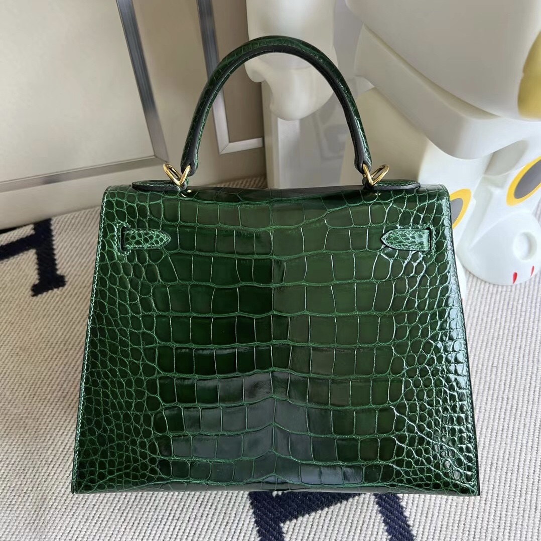 愛馬仕凱莉包臺灣官網 Hermès Kelly 25 祖母綠 67 Vert Fonce 亮面美洲鱷魚