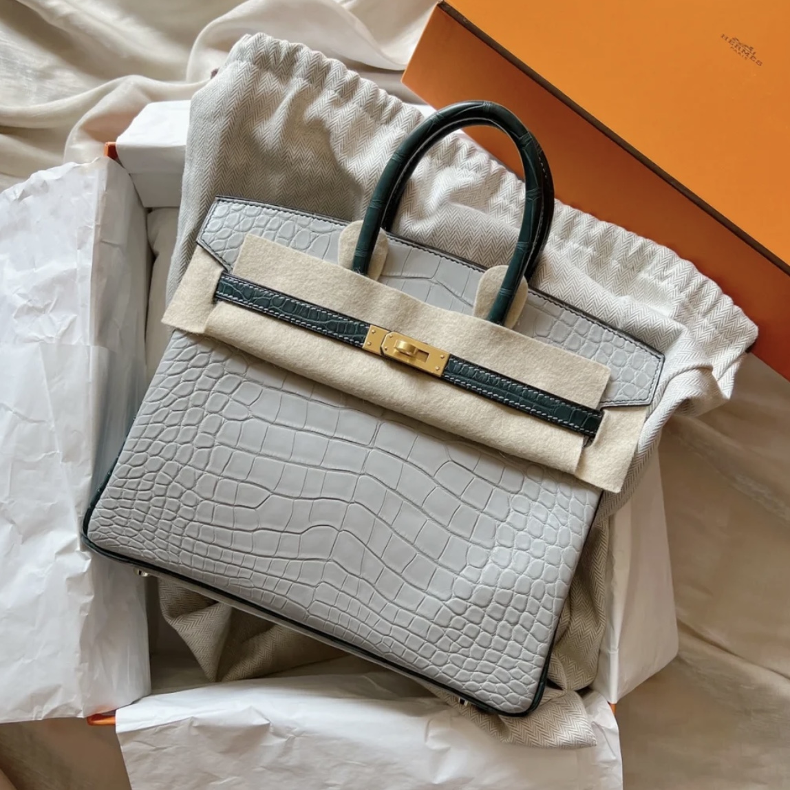 愛馬仕中國官方網站 Hermès Birkin 25cm HSS 80 Gris Perle+6O Vert Cypress 美洲鱷魚