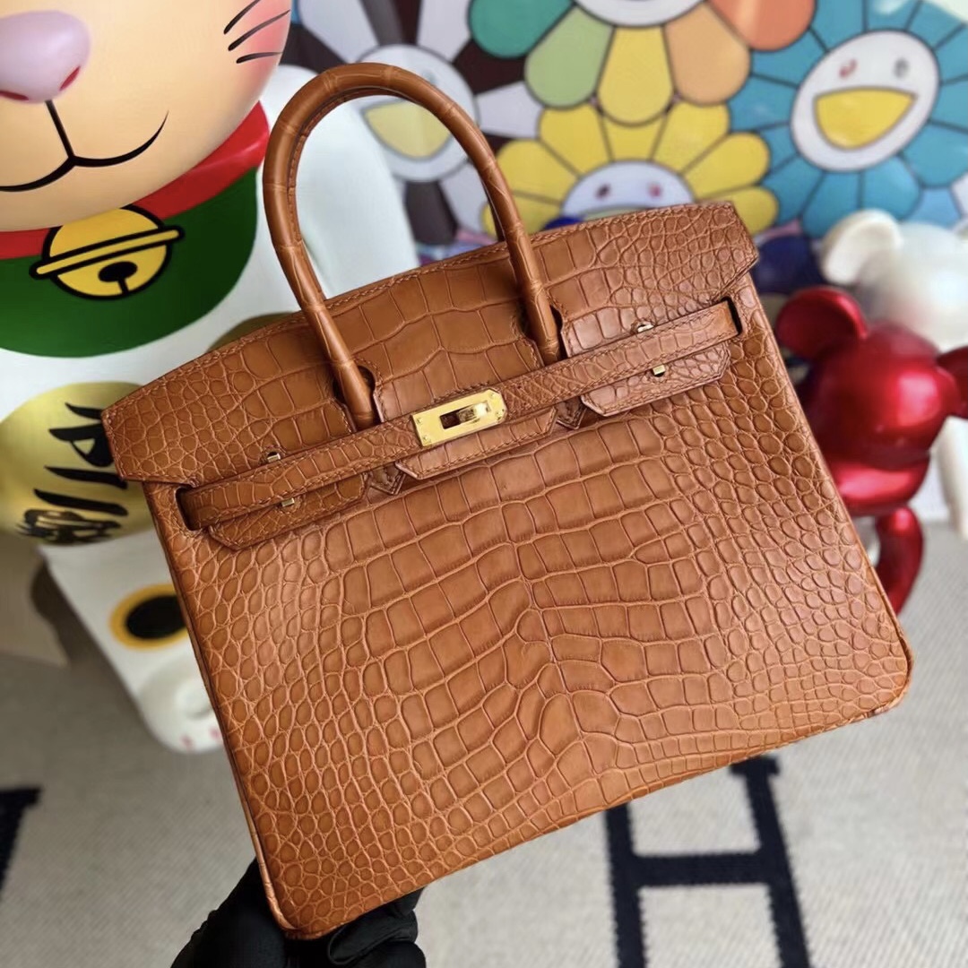 Hermès 2022 Stamp U Birkin 25 Matte Alligator Crocodile 37 Gold 金棕色