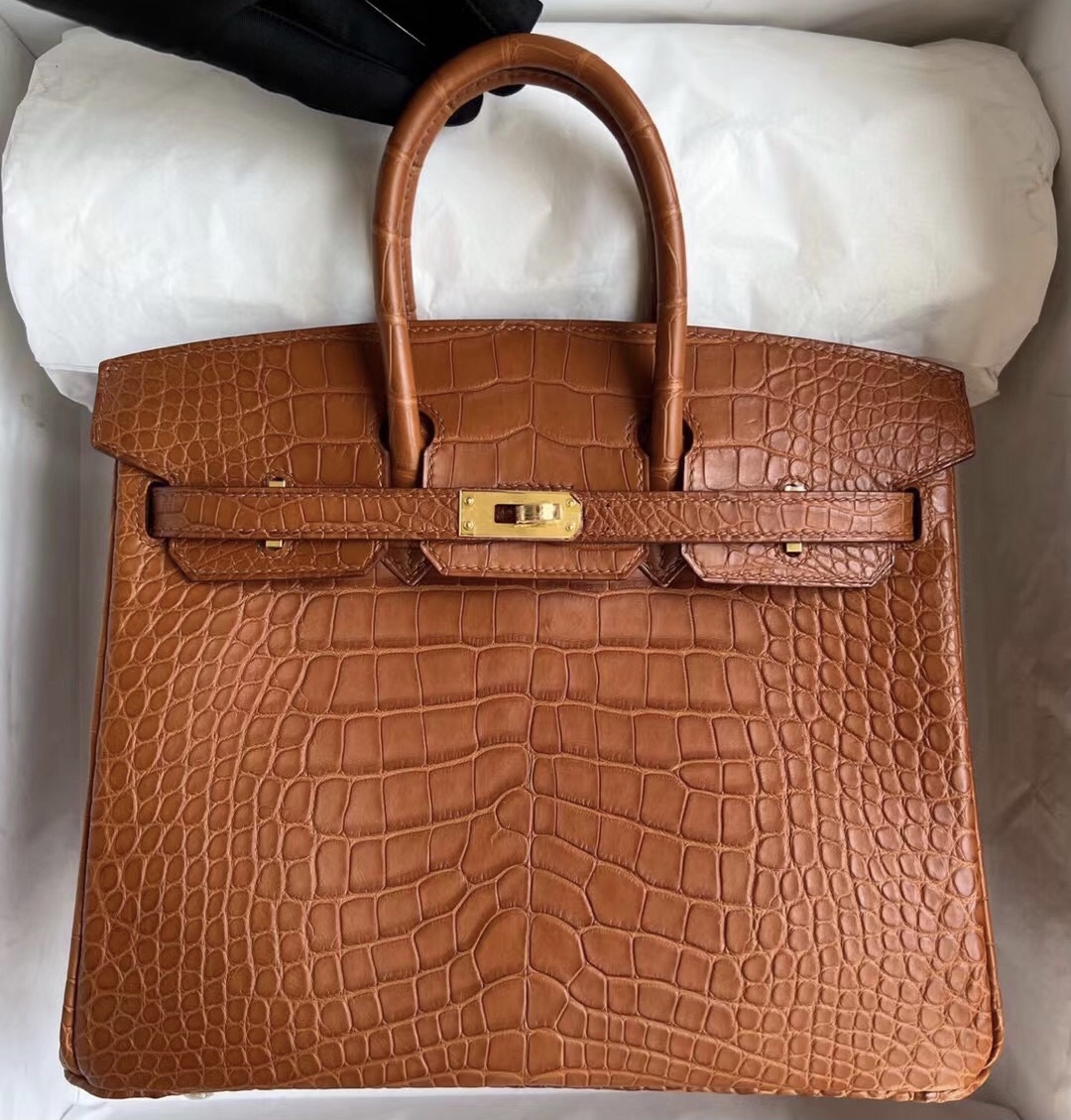 Hermès 2022 Stamp U Birkin 25 Matte Alligator Crocodile 37 Gold 金棕色