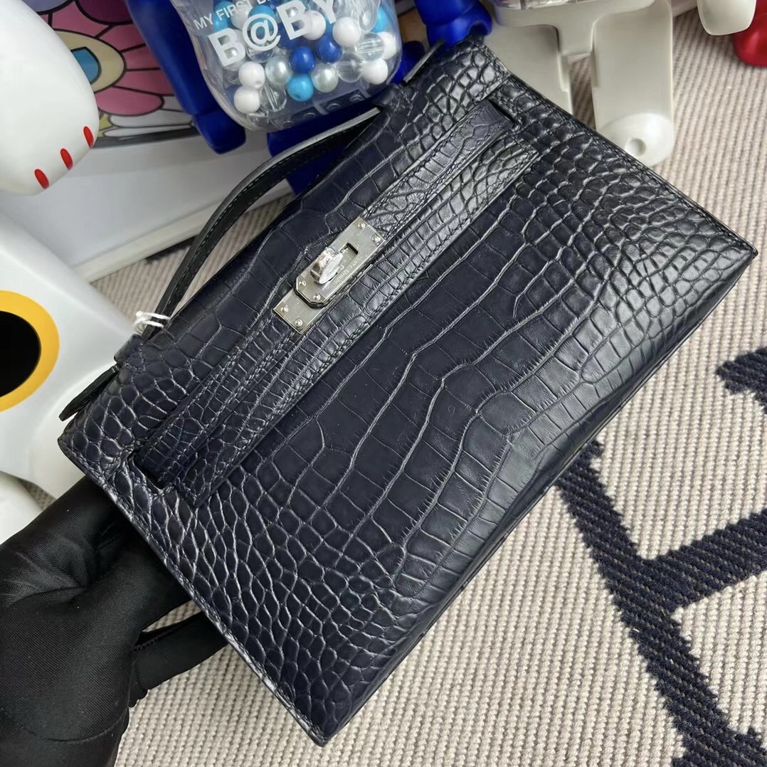 Hermès MiniKelly Pochette 76 Bleu Indigo 深海藍 霧面美洲鱷魚銀扣