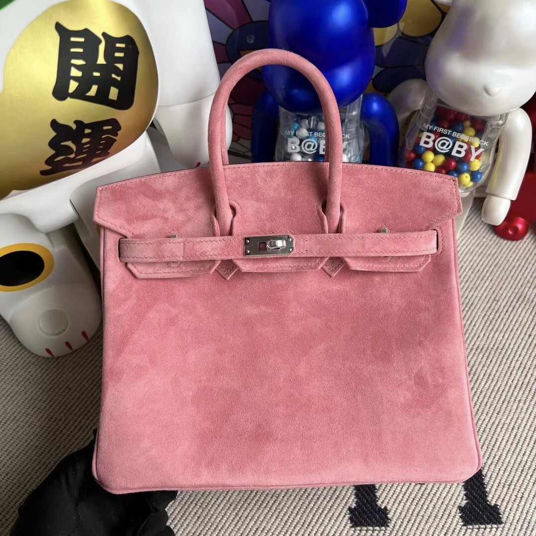 臺灣新北市愛馬仕鉑金包 Hermès Birkin 25 Doblis Suede 麂皮 5T Rose 玫瑰色 銀扣