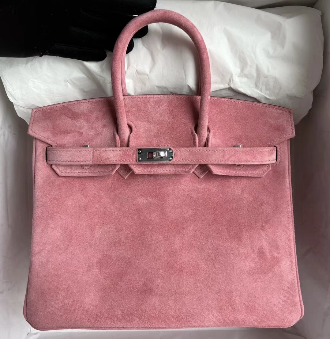 臺灣新北市愛馬仕鉑金包 Hermès Birkin 25 Doblis Suede 麂皮 5T Rose 玫瑰色 銀扣