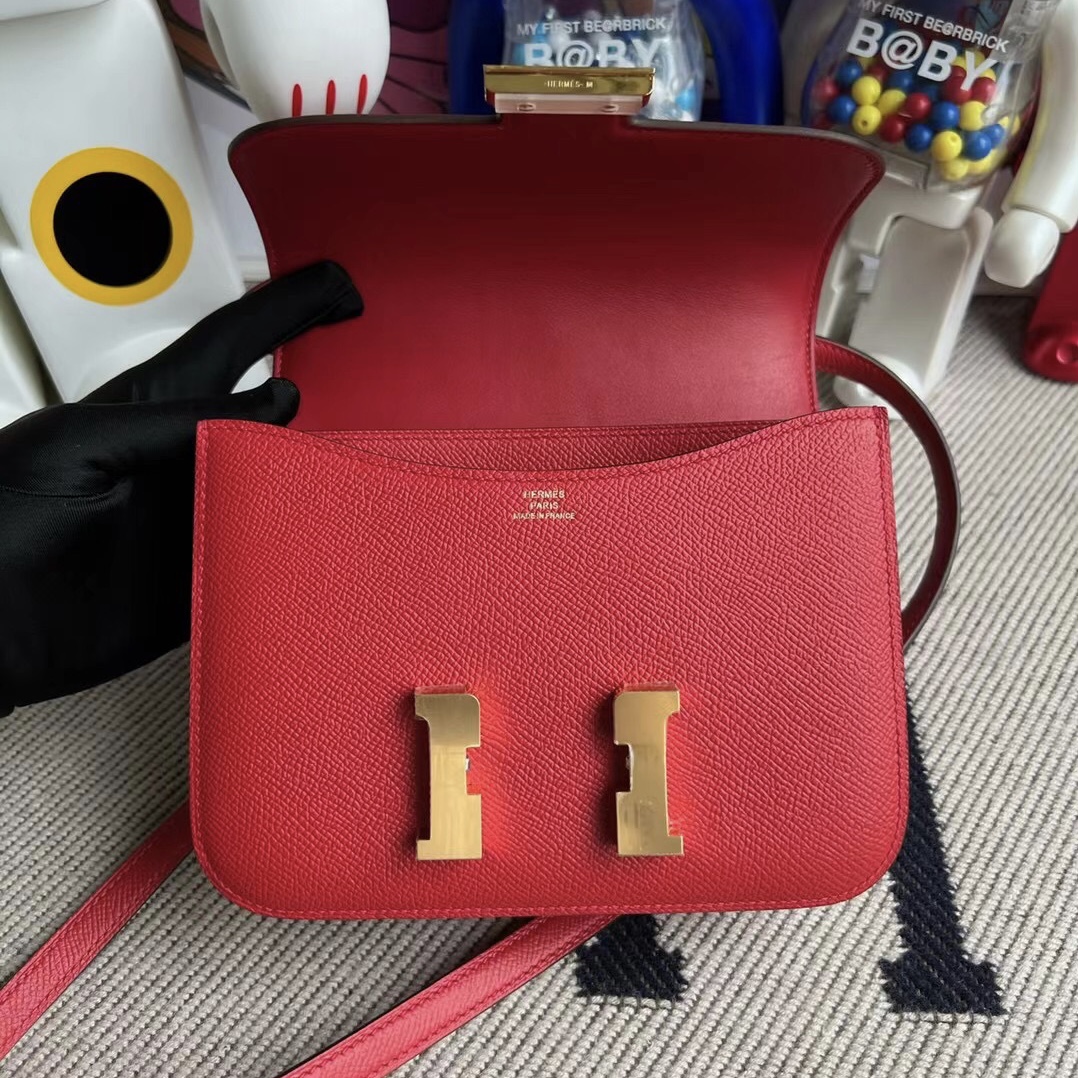 Hermès Constance 18cm Epsom Q5 Rose casaque 國旗紅 金扣 全手工蜜蠟線縫制