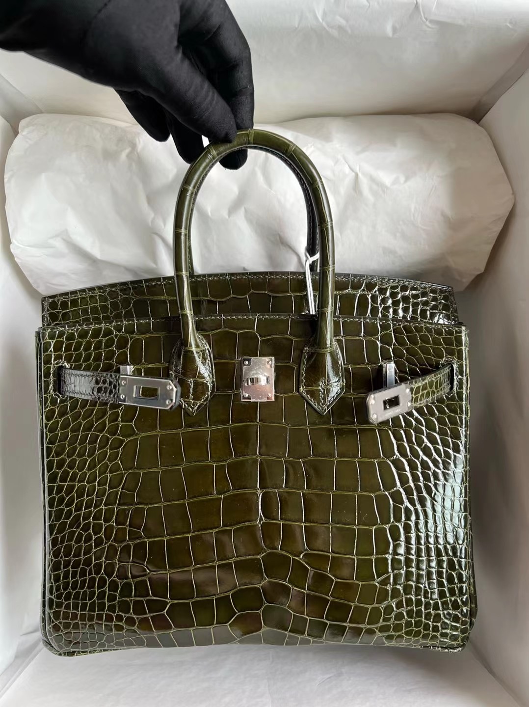 Saudi Arabia Dammam Hermès Birkin 25 Polished Mississippiensis Alligator 6H橄欖綠