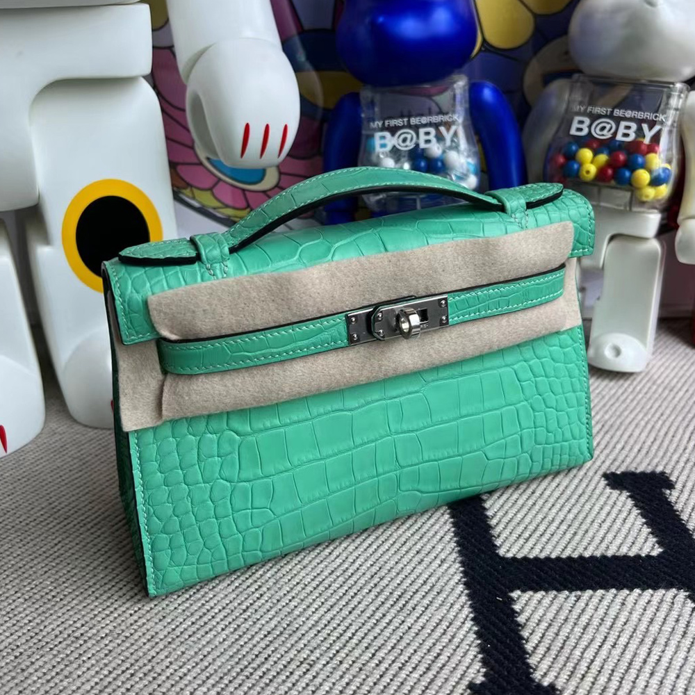 Hermès Mini Kelly Pochette 霧面方塊 美洲鱷魚 6W Menthe 薄荷綠 銀扣