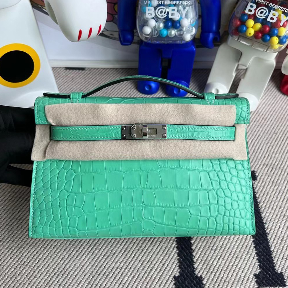 Hermès Mini Kelly Pochette 霧面方塊 美洲鱷魚 6W Menthe 薄荷綠 銀扣