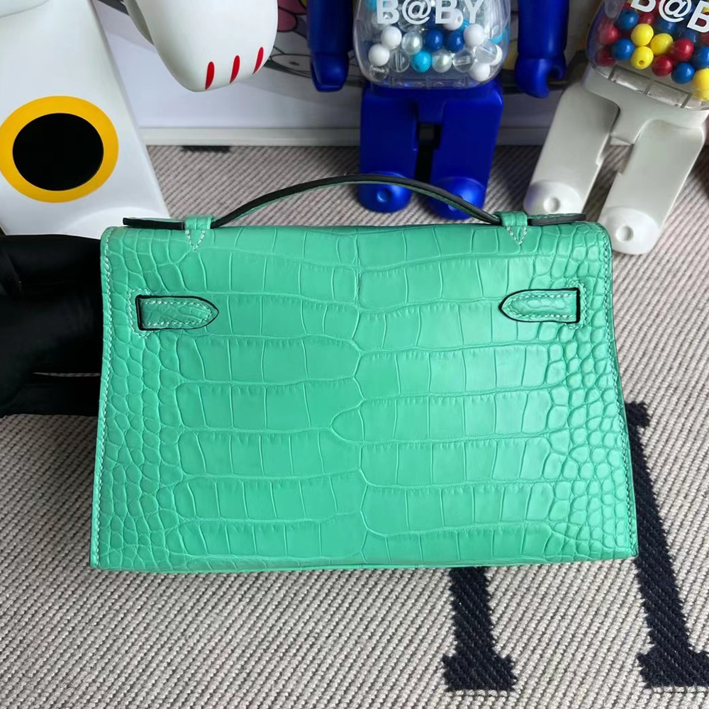 Hermès Mini Kelly Pochette 霧面方塊 美洲鱷魚 6W Menthe 薄荷綠 銀扣