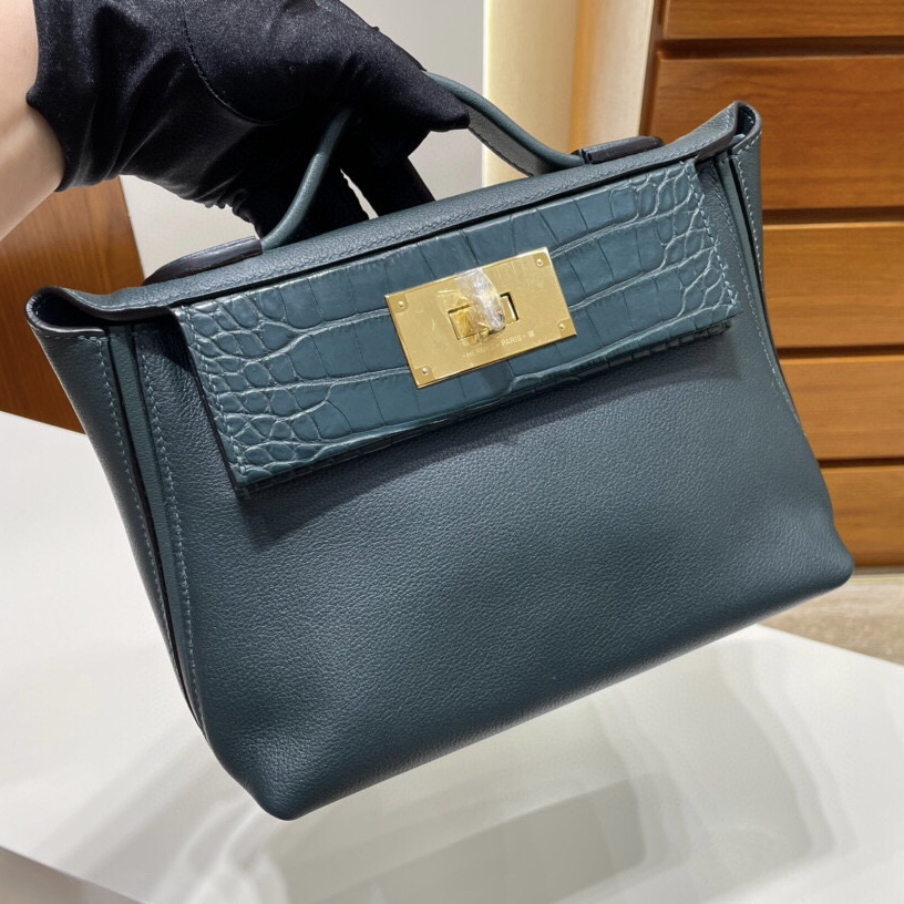 Hermès kelly 24/24 Mini Touch Evercolor 拼 6O Vert cyprès Alligator 金扣