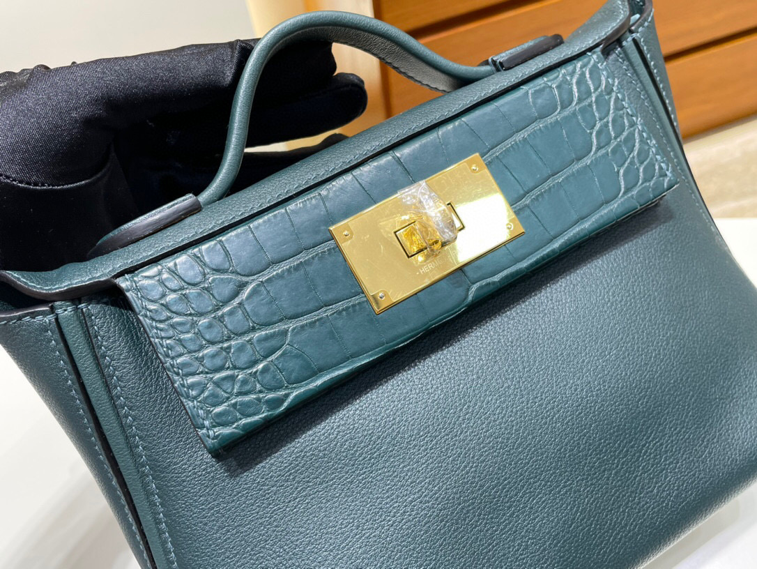 Hermès kelly 24/24 Mini Touch Evercolor 拼 6O Vert cyprès Alligator 金扣