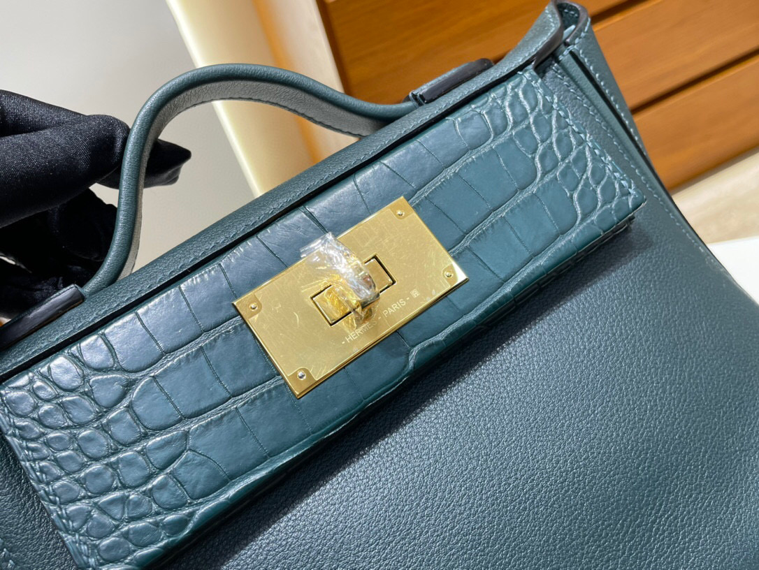 Hermès kelly 24/24 Mini Touch Evercolor 拼 6O Vert cyprès Alligator 金扣