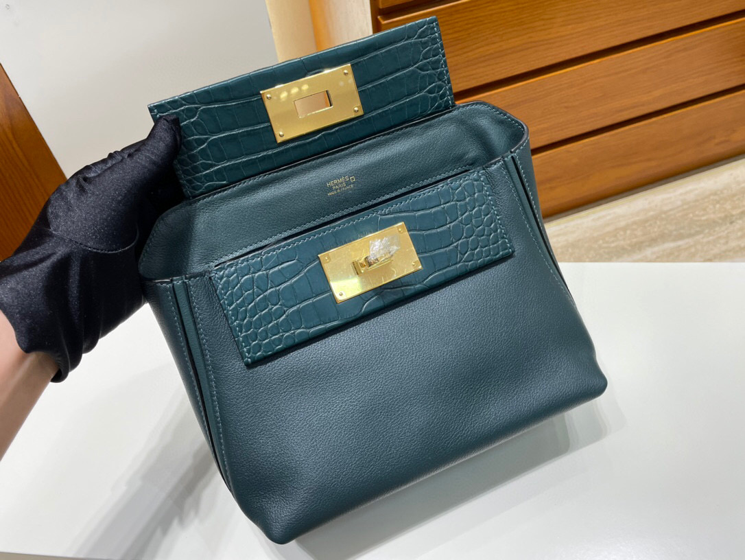 Hermès kelly 24/24 Mini Touch Evercolor 拼 6O Vert cyprès Alligator 金扣