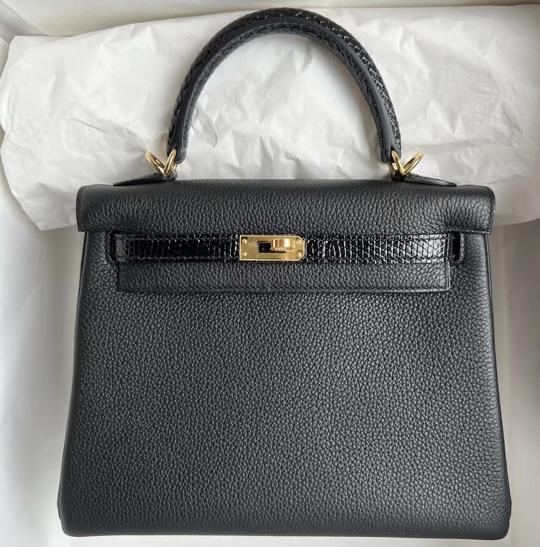 Hermès Kelly 25cm Touch Togo/Lizard Noir 黑色+ bambou 竹子綠 金扣