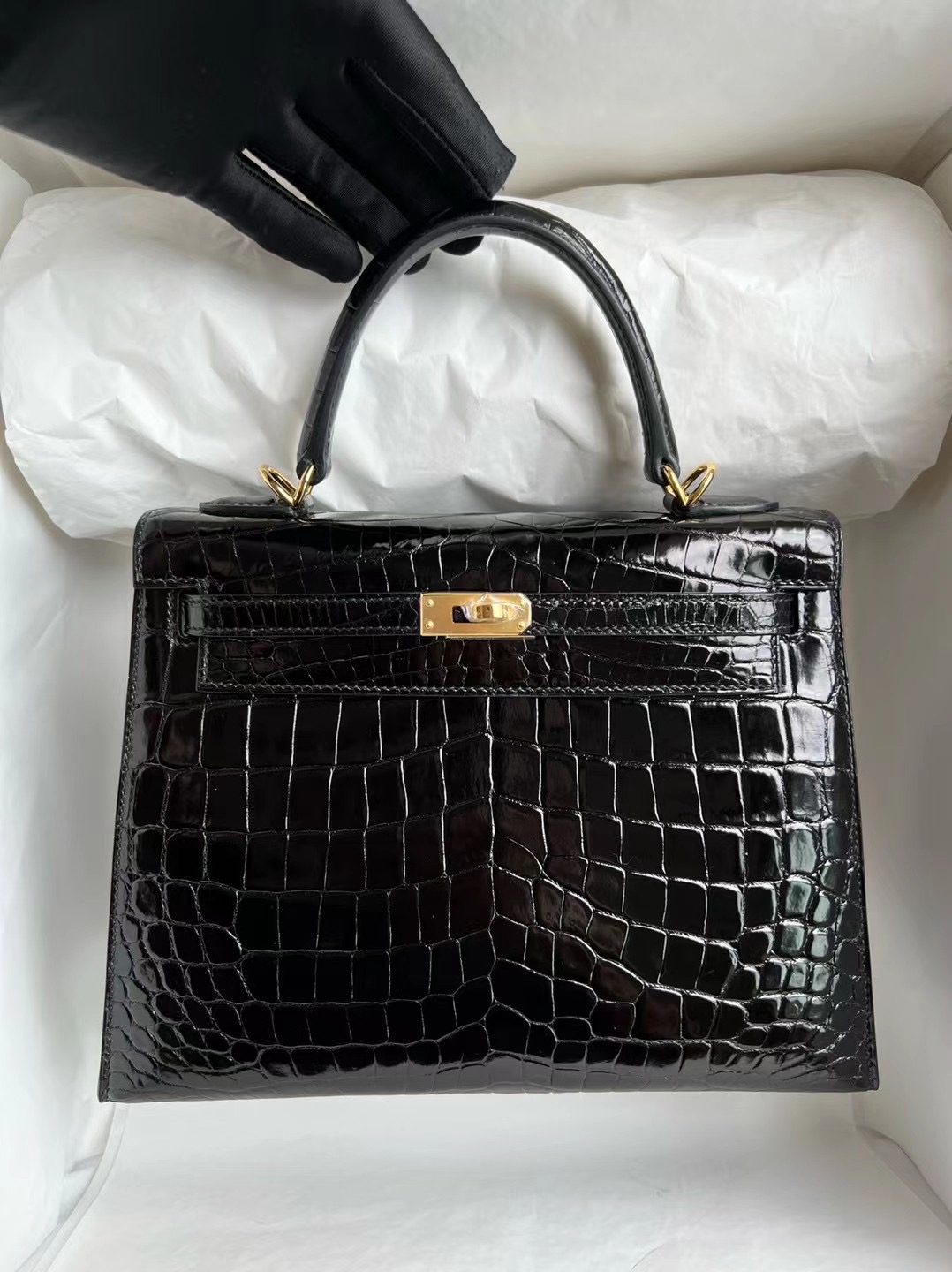 Hermès Kelly 25 亮面尼羅鱷魚 Shiny Nilo Crocodile Noir 黑色 金扣