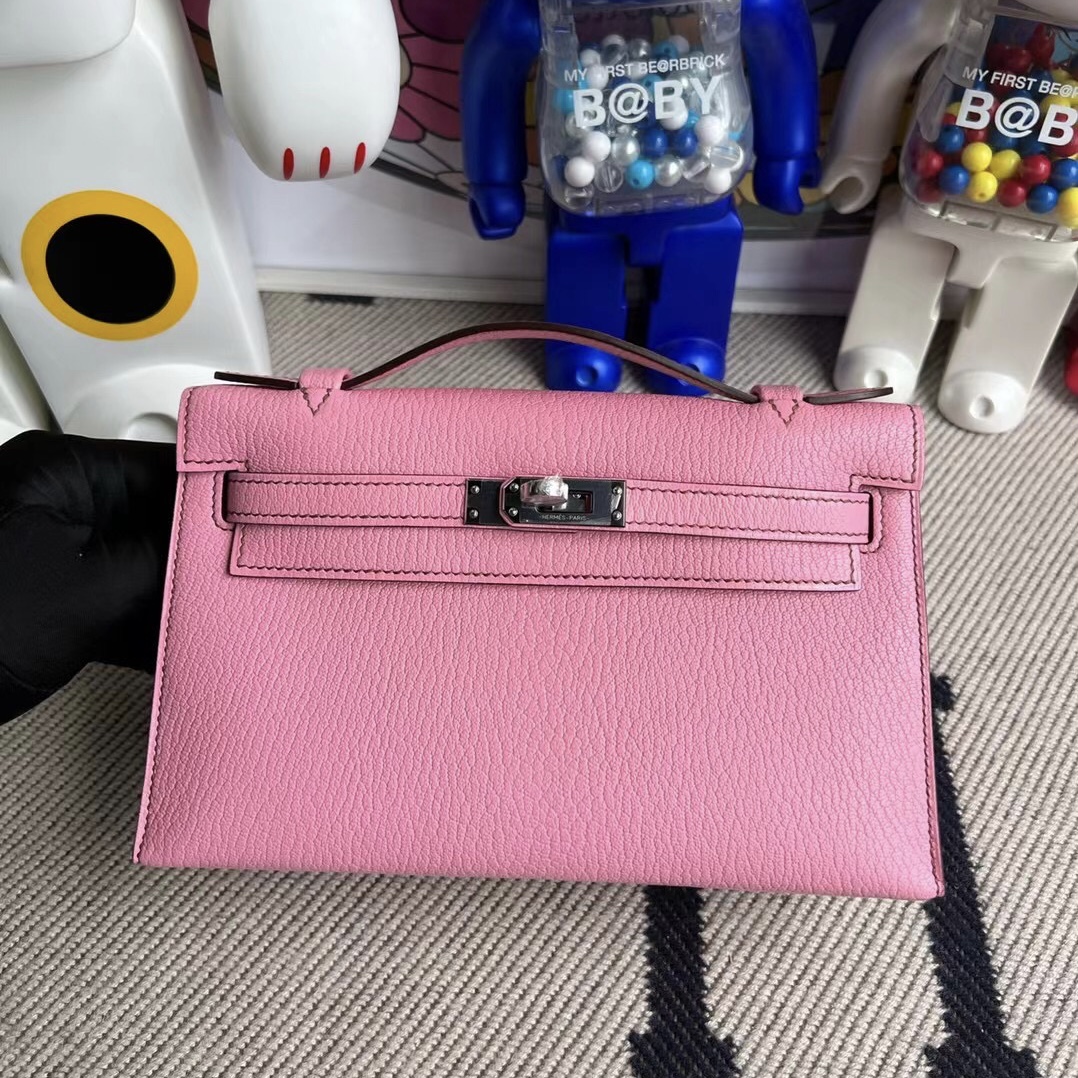 Hermes MiniKelly Pochette Chevre 進口山羊皮 5P pink 櫻花粉 銀扣