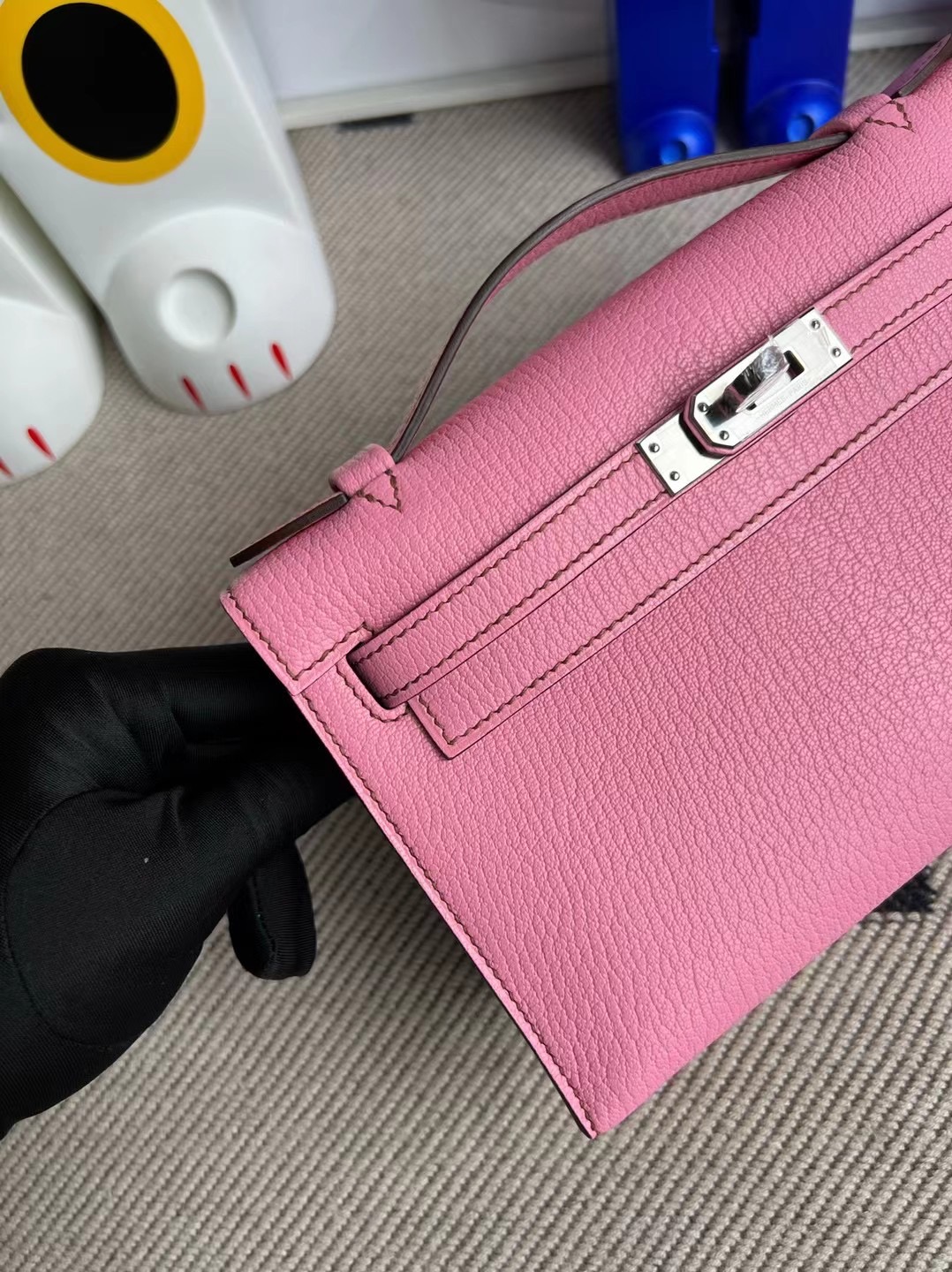 Hermes MiniKelly Pochette Chevre 進口山羊皮 5P pink 櫻花粉 銀扣