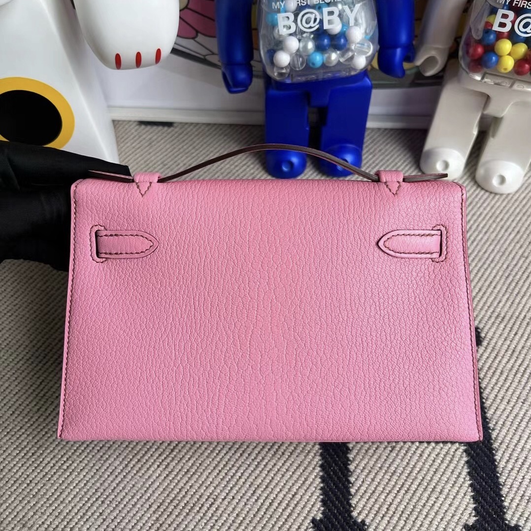 Hermes MiniKelly Pochette Chevre 進口山羊皮 5P pink 櫻花粉 銀扣