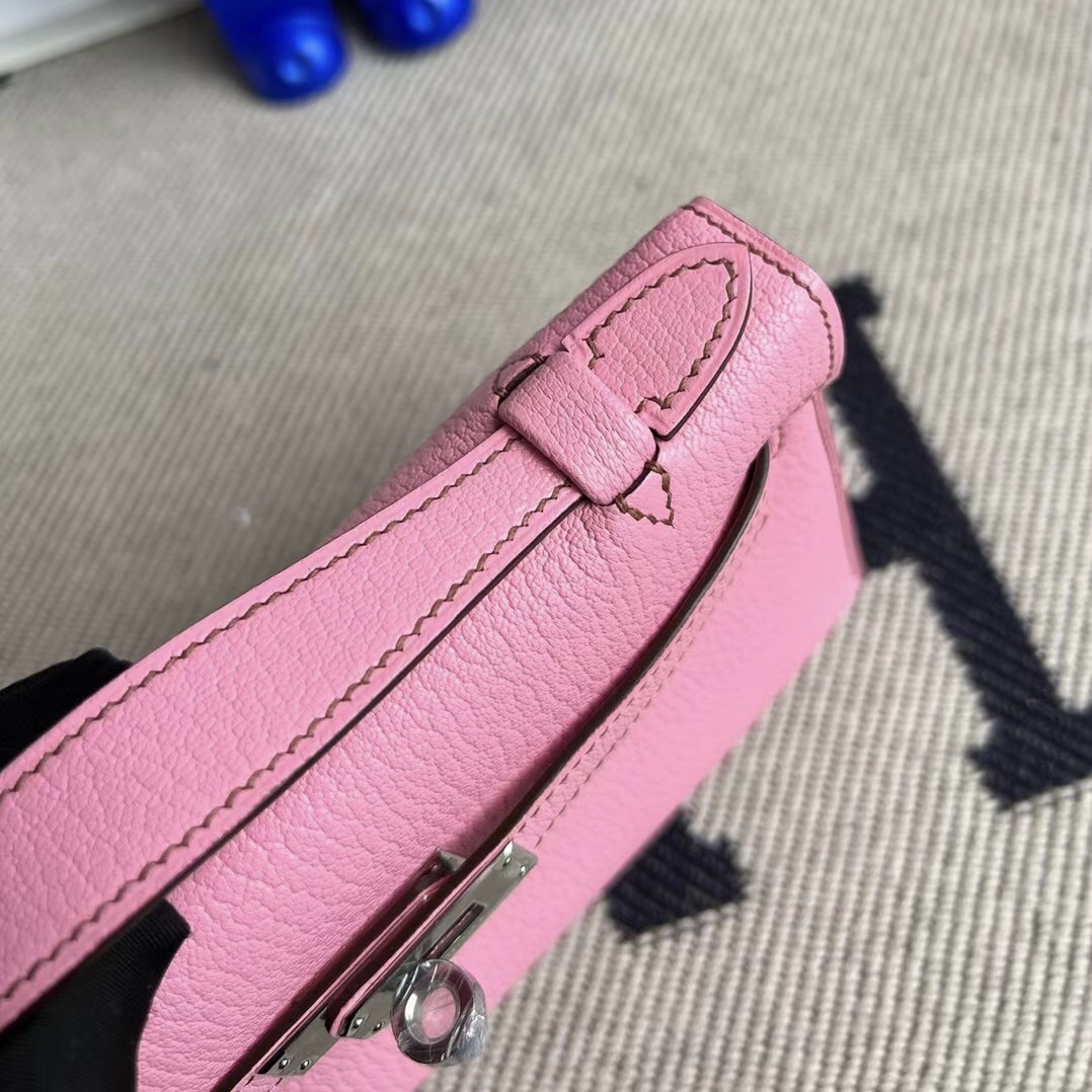 Hermes MiniKelly Pochette Chevre 進口山羊皮 5P pink 櫻花粉 銀扣